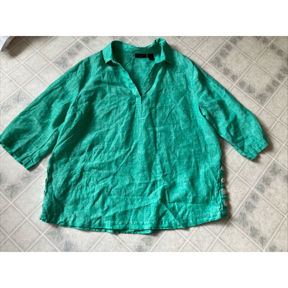 Tahari Linen Blouse Sz‎ 1X Popover Side Buttons Green Capsule Euro Summer loose